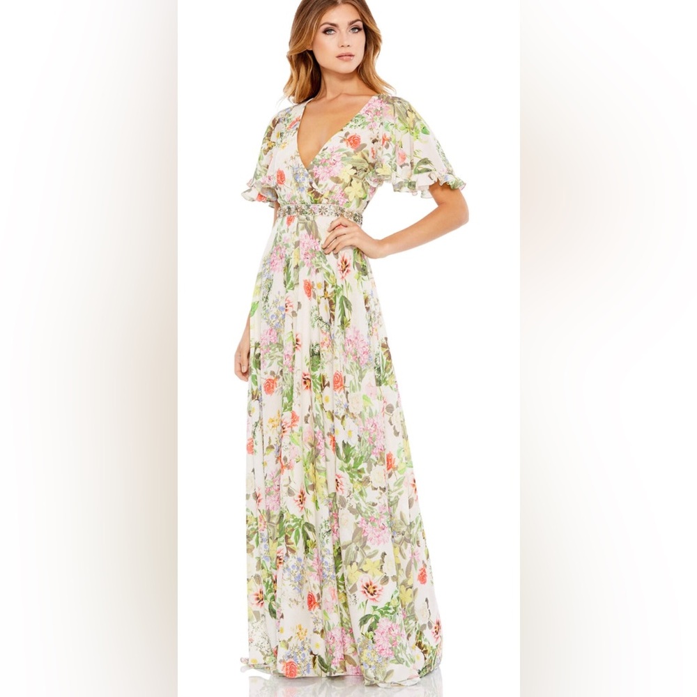 MAC DUGGAL
White Floral Print Faux Wrap Flutter Sleeve A Line Dress Size 4